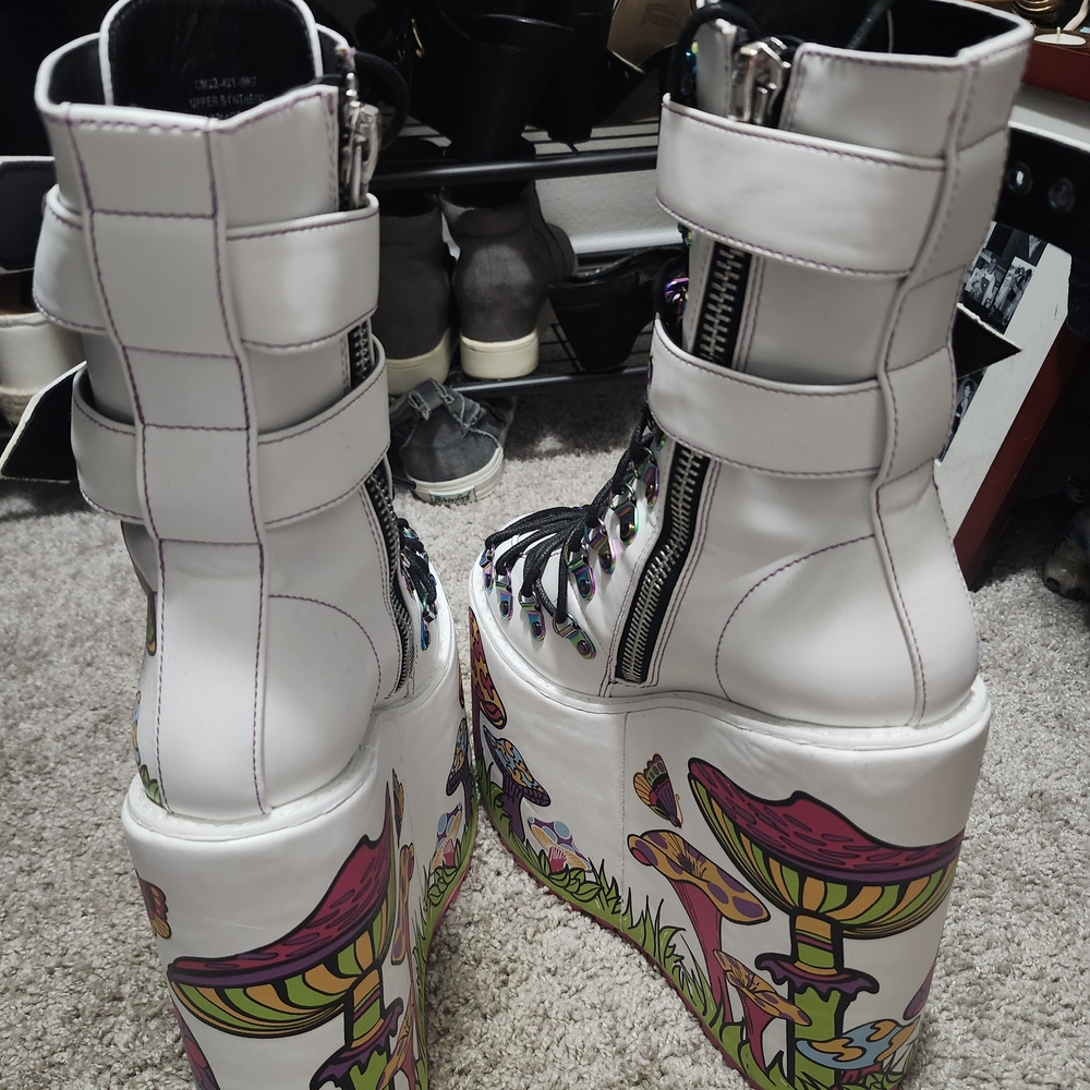 Dolls Kill White Platform Mushroom Print Lace-Up Buckle Boots - Picture 3 of 5
